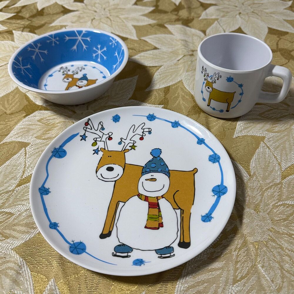 Vintage Wonderland Kids Christmas Set Melamine Reindeer Snowman Plate Bowl Mug